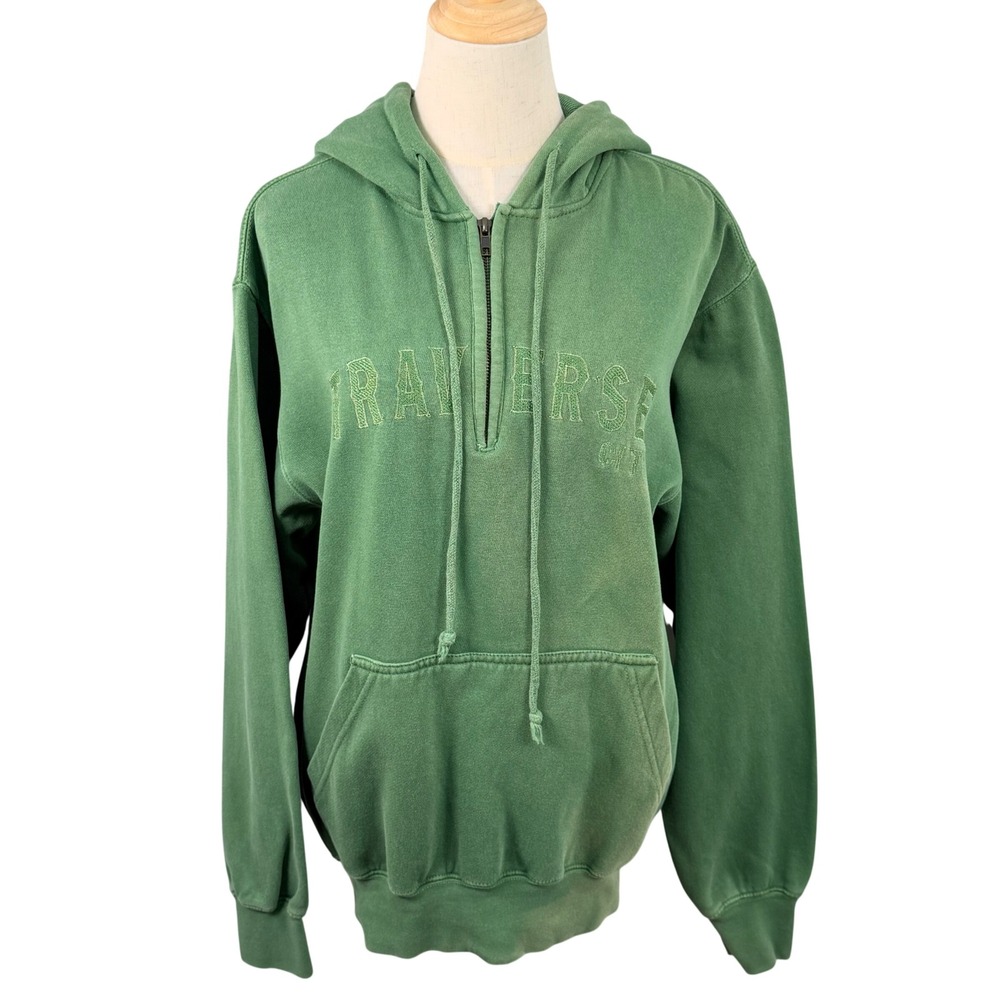 Oversized S Hoodie Green Traverse City Quarter Zip‎ Distressed Grunge Gorpcore